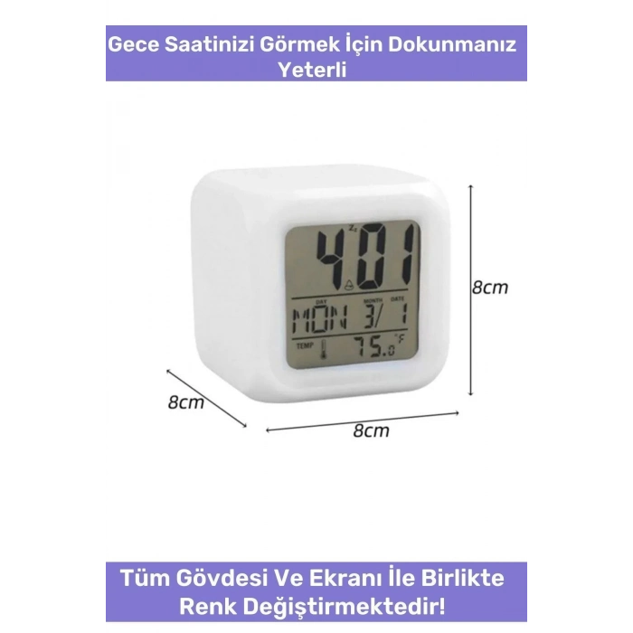 Hediyelik Dekoratif Termometreli Takvimli 7 Renk Değiştiren Dijital Küp Alarmlı Masa Çalar Saat