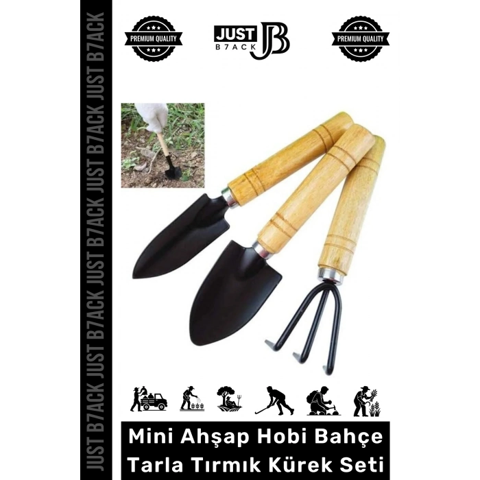 #HobiSeti Dayanıklı Doğal Ahşap Yüksek Kalite Estetik Mini Ahşap Hobi Bahçe Tarla Tırmık Kürek Seti