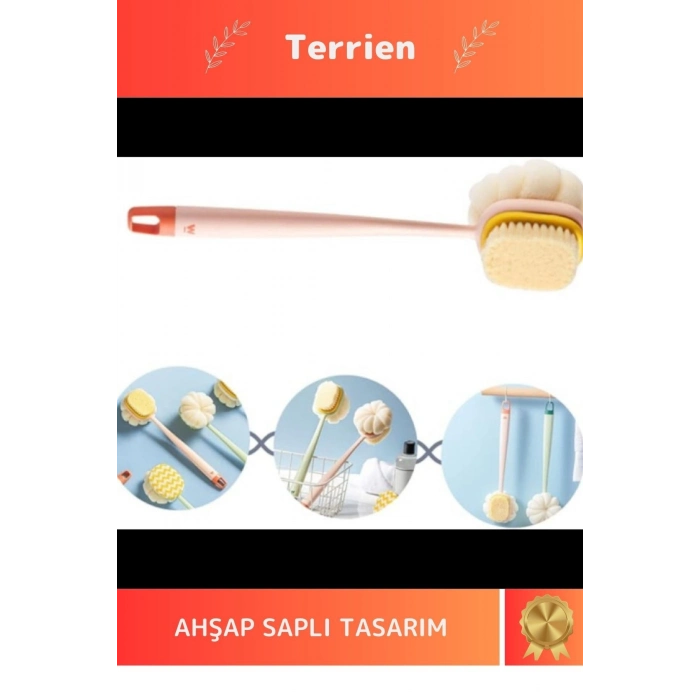 Home Serisi Kullanışlı Ahşap Saplı Pratik Şık Çift Taraflı Banyo Cilt Bakımı Duş Fırçası ve Süngeri