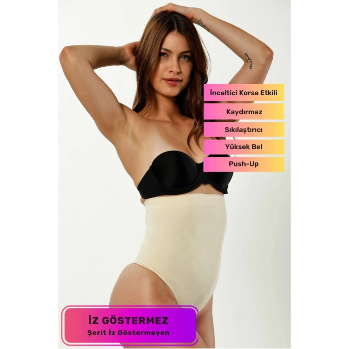 Kaymaz İz Göstermeyen Yüksek Bel Toparlayıcı Sıkılaştırıcı Karın Şekillendirici String Tanga Korse