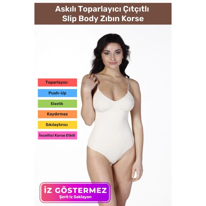 İz Saklayan Lazer Kesim İnceltici Etkili Push-Up Askılı Toparlayıcı Çıtçıtlı Slip Body Zıbın Korse