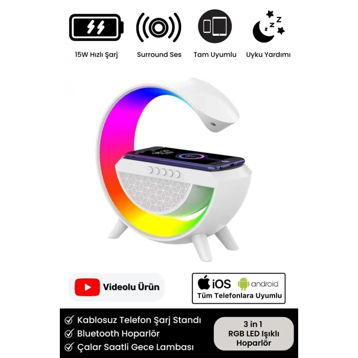 Kablosuz Şarj Led Işıklı Bluetooth Hoparlör Radyolu Müzik Çalar Saatli Telefon Standı 3in1 Speaker