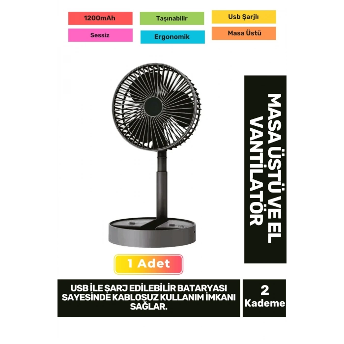 Kablosuz Sessiz Usb Şarjlı 3 Kademeli Hafif 1200mAh Pervaneli Taşınabilir Masa El Fanı Vantilatör