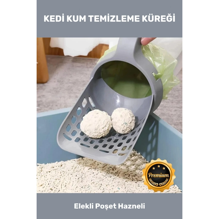 Kedi Kum Temizleme Küreği Premium Pratik A Kalite Elekli Poşet Hazneli Kaka Poşeti Hediyeli