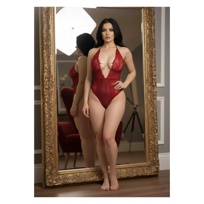 #Bodysuit Dantel Detaylı Transparan Esnek Şık Çekici Kadın Fantazi İç Giyim Kırmızı Taşlı Bodysuit
