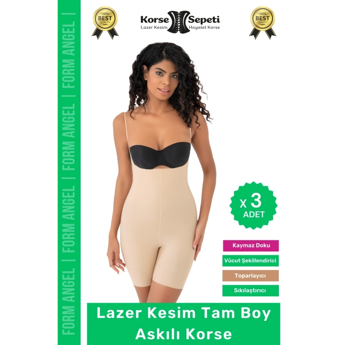 #Korse 2 Beden Küçülten Sıkılaştırıcı Kaymaz Kadın Lazer Kesim Tam Boy Askılı Korse - 3 Adet