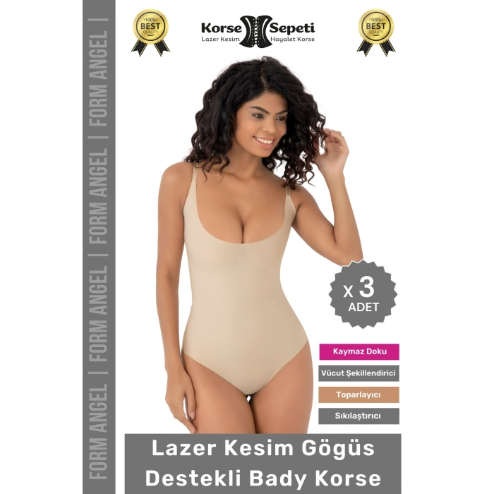 #Korse Kayma Önleyen 2 Beden Küçülten İz Yapmayan Lazer Kesim Göğüs Destekli Body Korse - 3 Adet