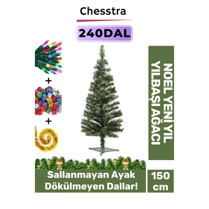 Kutulu Ayaklı Süsleme Seti Yılbaşı Çam Ağacı Renkli Işığı Yeni Yıl Süsleri Noel Paket 150 Cm 240 Dal
