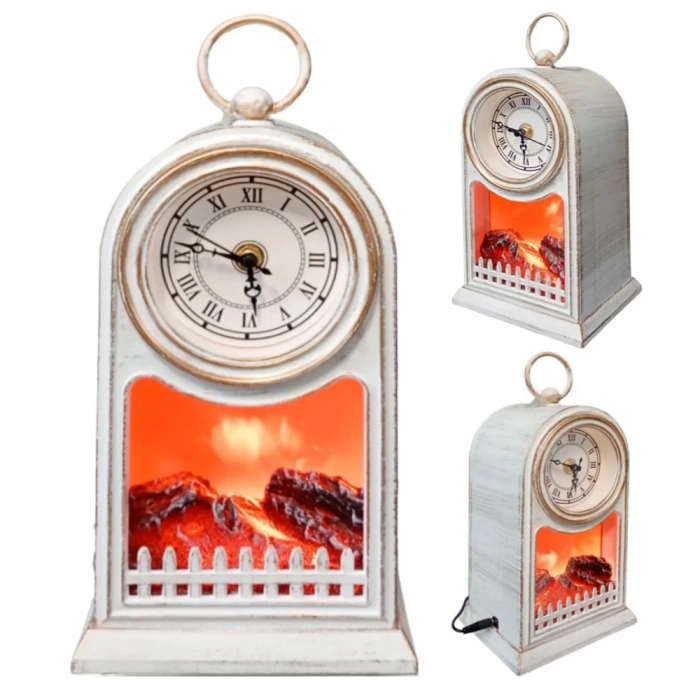 #Saat Vintage Dekoratif Masa Saati Nostaljik Analog Alev Efektli LED Işıklı Eskitme Şömine Saat