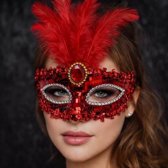 #Maske Gösterişli Payetli Taşlı Maskeli Balo Parti Eğlence Lüks Kırmızı Tüylü Taşlı Balo Maskesi