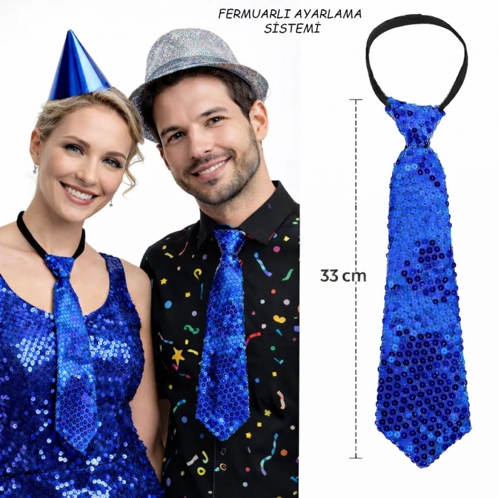 #Kravat Göz Alıcı Sahne Kostüm Aksesuarı Hazır Mavi Renk Pul Payetli Işıltılı Parti Kravatı 33 cm