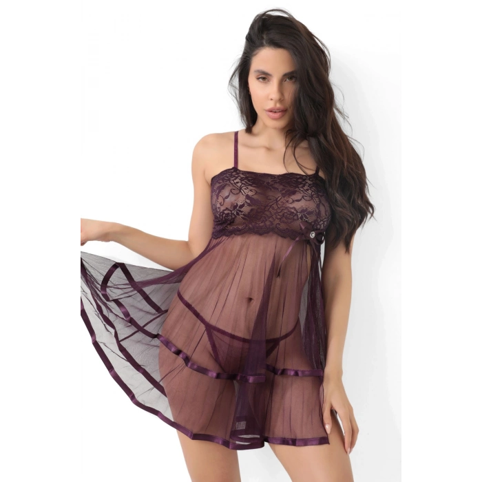 #FanteziGecelik Fantezi Lüks Dantelli Likralı Tül Seksi Takım Şık Fantazi Mor Şifon Pileli Gecelik