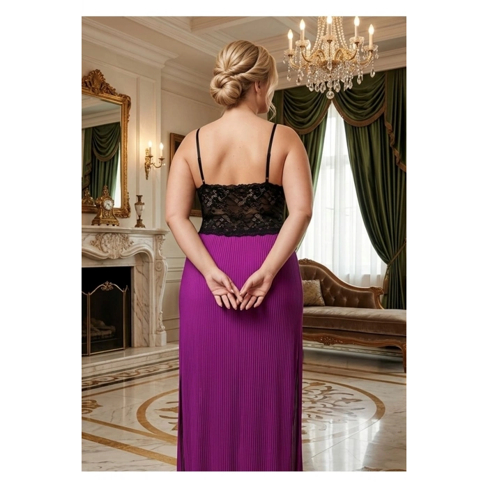 #Gecelik Dantelli Şık Saten Tasarım Plus Size Orkide Serisi Büyük Beden Mürdüm Çift Yırtmaçlı Gecelik