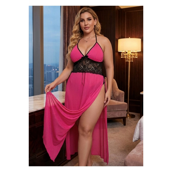 #FanteziGecelik Dantelli Plise Plus Size Orkide Serisi Büyük Beden Şeker Pembe Çift Yırtmaçlı Gecelik