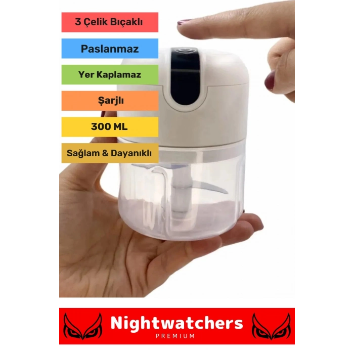 Özel Seri Paslanmaz 3 Bıçaklı Kolay Hızlı Sebze Meyve Sarımsak Pratik Sarjlı Mini El Rondosu 250 ml