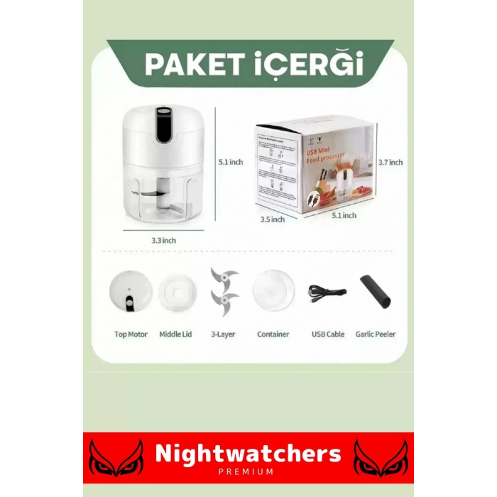 Özel Seri Paslanmaz 3 Bıçaklı Kolay Hızlı Sebze Meyve Sarımsak Pratik Sarjlı Mini El Rondosu 250 ml