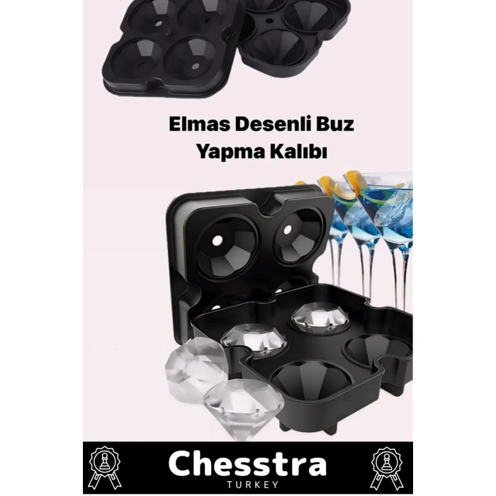 Özel Tasarım 4 Gözlü Kırılmaz Esnek Silikon Kokteyl Viski Elmas Şekilli Buz Yapma Kalıbı 1 Adet