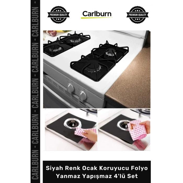 Özel Üretim Cam Elyaf Gazlı Pratik Mutfak Siyah Renk Ocak Koruyucu Folyo Yanmaz Yapışmaz 4lü Set