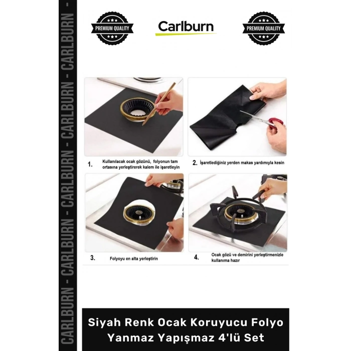 Özel Üretim Cam Elyaf Gazlı Pratik Mutfak Siyah Renk Ocak Koruyucu Folyo Yanmaz Yapışmaz 4lü Set