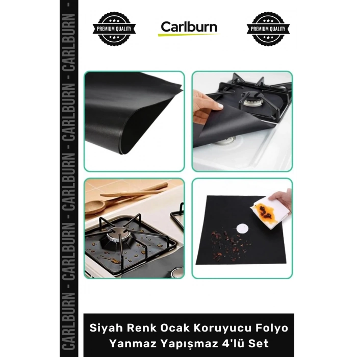 Özel Üretim Cam Elyaf Gazlı Pratik Mutfak Siyah Renk Ocak Koruyucu Folyo Yanmaz Yapışmaz 4lü Set