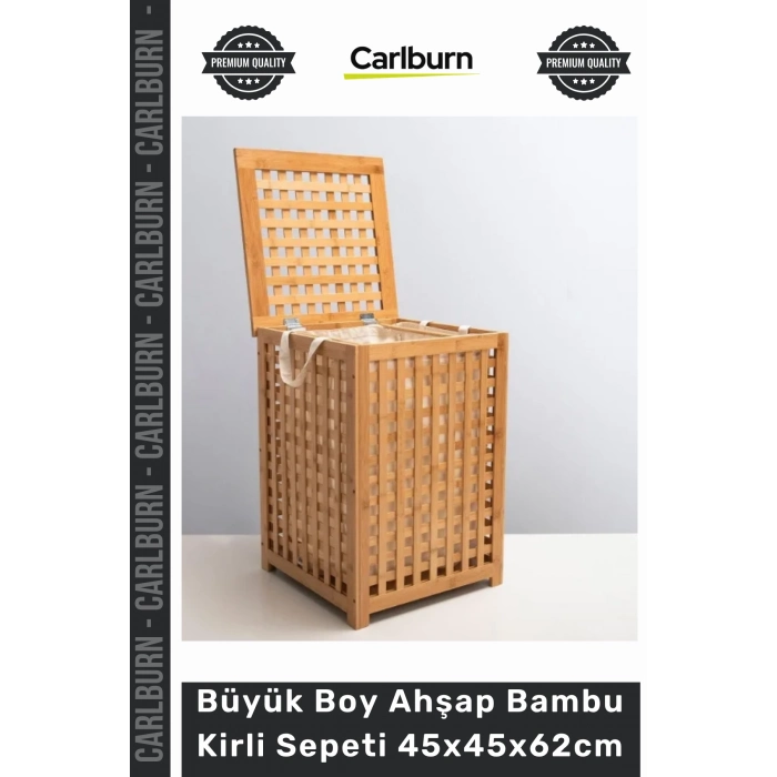 Özel Üretim Doğal Dekoratif Kapaklı Banyo Çamaşır Büyük Boy Ahşap Bambu Kirli Sepeti 45x45x62cm