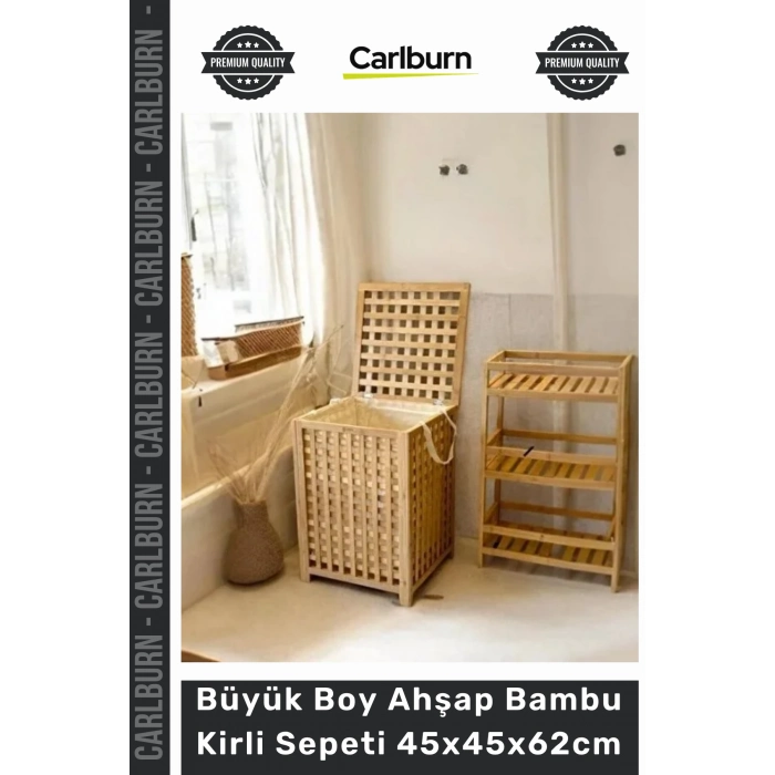 Özel Üretim Doğal Dekoratif Kapaklı Banyo Çamaşır Büyük Boy Ahşap Bambu Kirli Sepeti 45x45x62cm