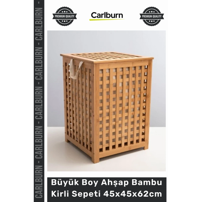 Özel Üretim Doğal Dekoratif Kapaklı Banyo Çamaşır Büyük Boy Ahşap Bambu Kirli Sepeti 45x45x62cm