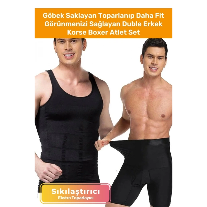 Özel Üretim Fit Görünüm Sağlayan İnceltici Rahat Atlet Ve Boxer İnceltici Erkek Korse 2li Set