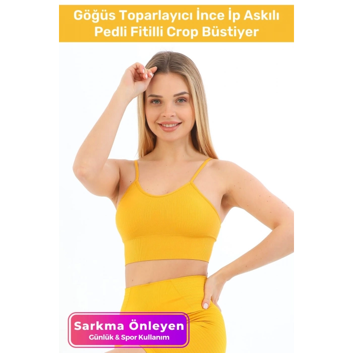 Özel Üretim Göğüs Toparlayıcı Sarkma Önleyen Spor Günlük İnce İp Askılı Pedli Fitilli Crop Büstiyer