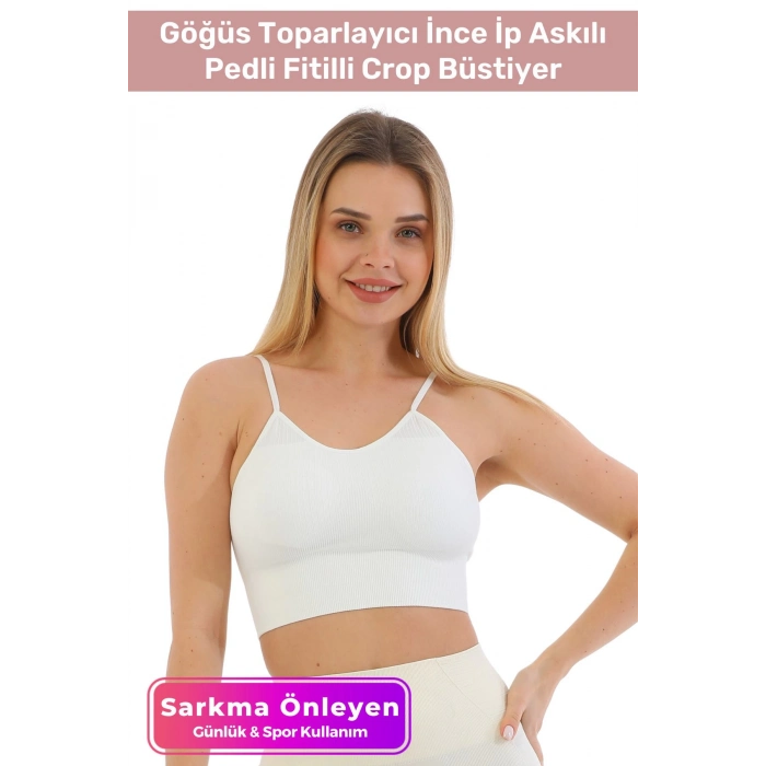 Özel Üretim Göğüs Toparlayıcı Sarkma Önleyen Spor Günlük İnce İp Askılı Pedli Fitilli Crop Büstiyer