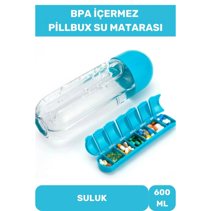 Özel Üretim Hap Bölmeli İlaç Saklama %100 BPA İçermez Su Matarası 600 Ml Suluk