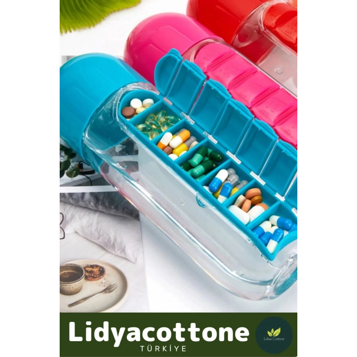 Özel Üretim Hap Bölmeli İlaç Saklama %100 BPA İçermez Su Matarası 600 Ml Suluk