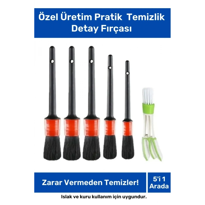 Özel Üretim Pratik Islak Kuru Otomobil Oto Araç Araba Klima Temizlik Detay Fırçası 5+1 Set