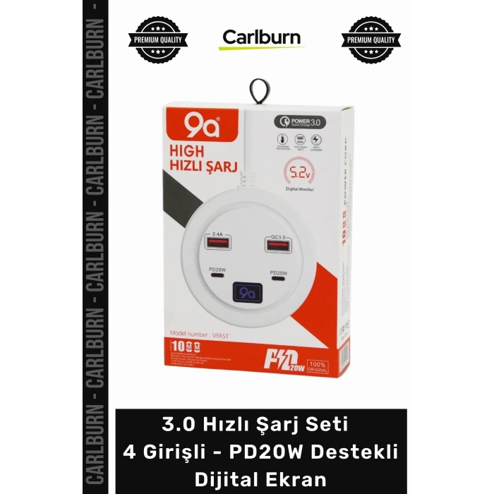Özel Üretim QC 3.0 USB Adaptör 30 Hızlı Şarj Seti 4 Girişli PD20W Destekli Dijital Ekran