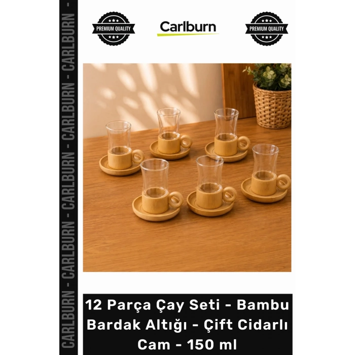 Özel Üretim Şık Isı Korumalı 12 Parça Çay Seti Bambu Bardak Altığı Çift Cidarlı Cam 150 ml
