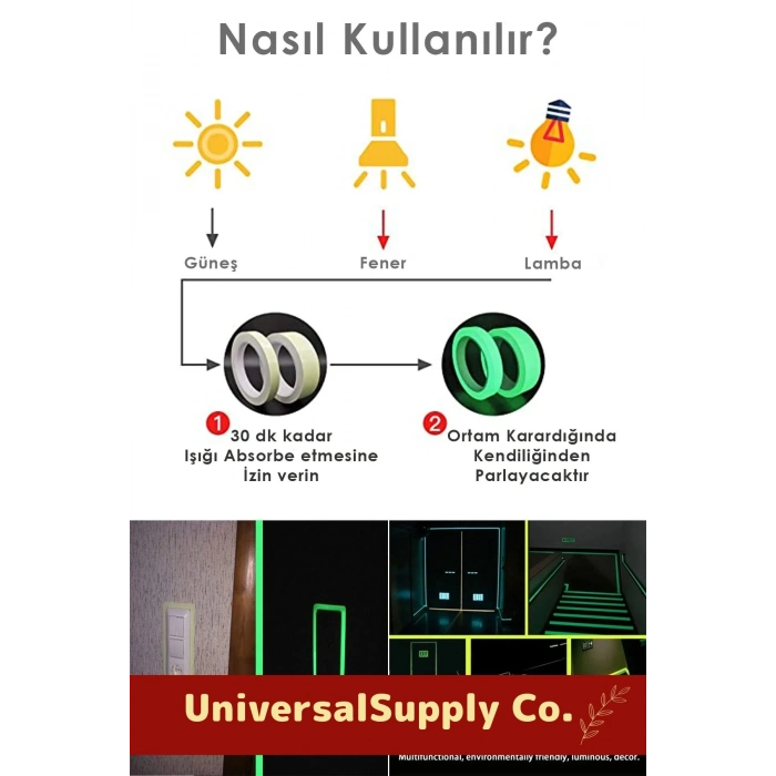 Özel Üretim Suya Dayanıklı Karanlıkta Işık Veren Merdiven Ev Bahçe 4 Metre Fosforlu Yeşil Şerit Bant
