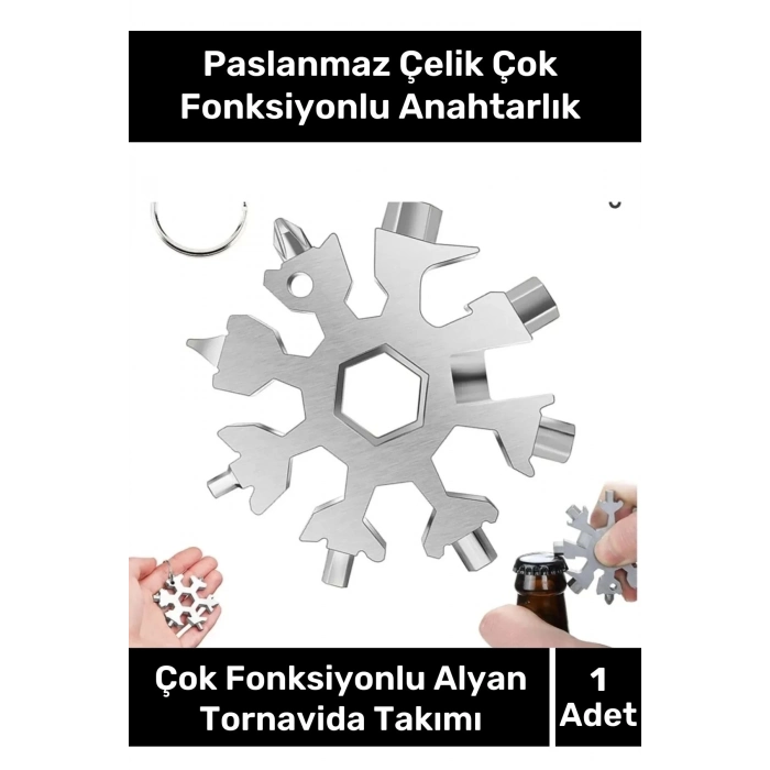 Paslanmaz Çelik Çok Fonksiyonlu Alyan Tornavida Takımı Kar Tanesi Anahtarlık Konserve Açıcı