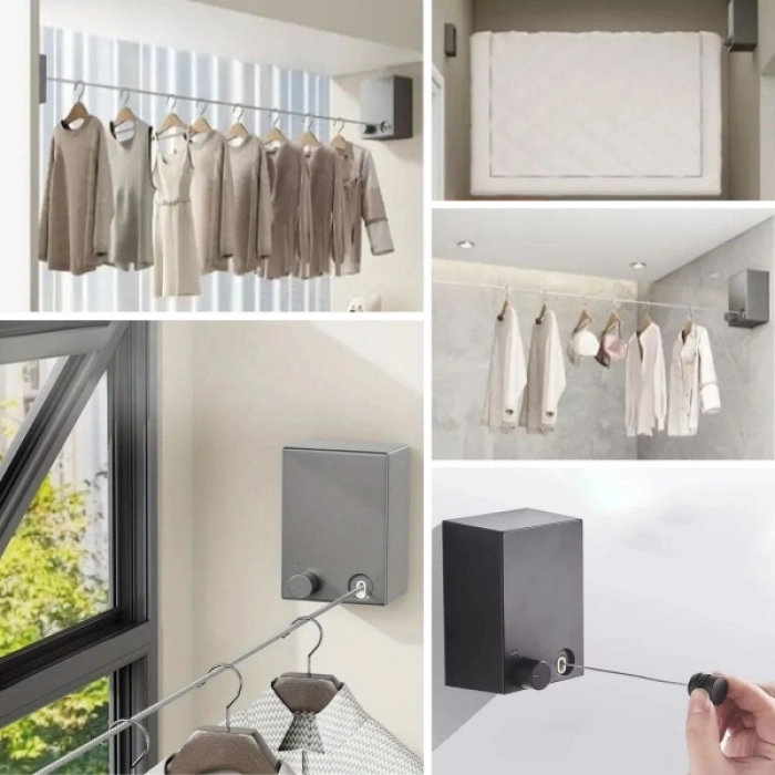 #İp Alan Tasarrufu Kompakt Galvanizli Paslanmaz Banyo Balkon Pratik Geri Çekilebilir Çamaşır İpi