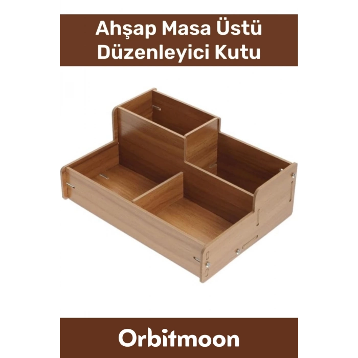 Premium 4 Gözlü Bölmeli Demonte Kalem Makyaj Kırtasiye Malzemesi Ahşap Masaüstü Düzenleyici Kutu