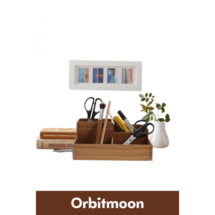 Premium 4 Gözlü Bölmeli Demonte Kalem Makyaj Kırtasiye Malzemesi Ahşap Masaüstü Düzenleyici Kutu