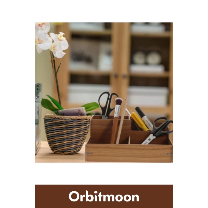 Premium 4 Gözlü Bölmeli Demonte Kalem Makyaj Kırtasiye Malzemesi Ahşap Masaüstü Düzenleyici Kutu