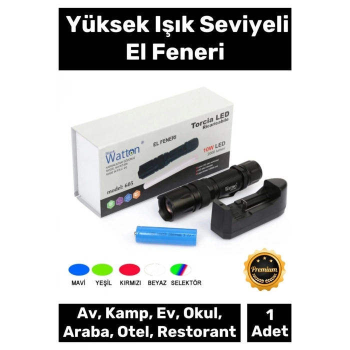 Premium 500 Metre Menzilli Şarj Edilebilir 10W 2000 Lümen 4 Renk Güçlü El Feneri