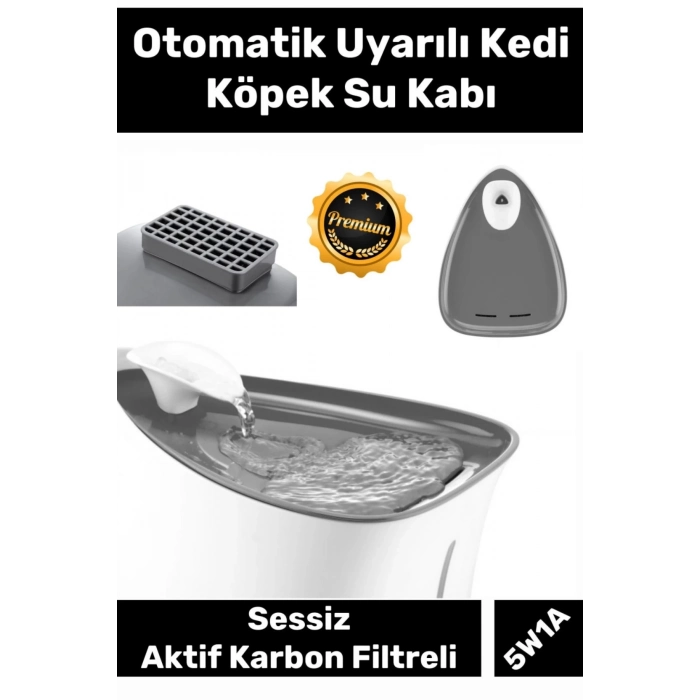 Premium 5W1A Adaptörlü Otomatik Uyarılı Aktif Karbon Filtreli Sessiz Uyarılı Kedi Köpek Su Kabı