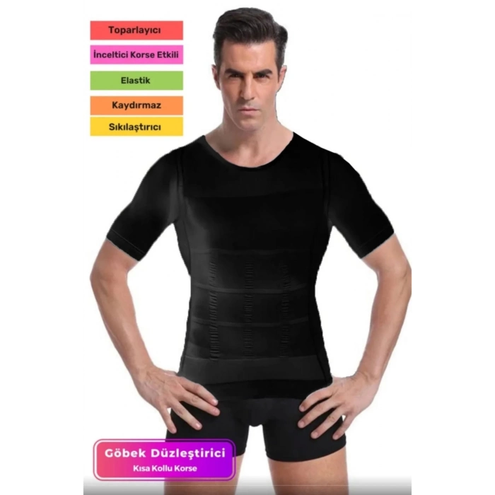 Premium Bel Göğüs Dik Duruş Jinekomasti Toparlayıcı Erkek Göbek Sıkılaştırıcı Kısa Kol Korse Atlet