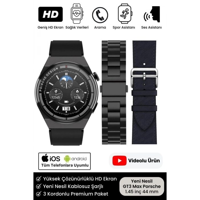 Premium Full HD Ios Android Uyumlu GT3 Max Spor Sağlık Sensörlü Watch 3 Kordonlu Akıllı Saat