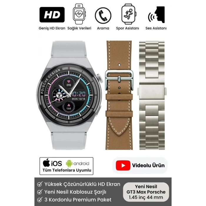 Premium Full HD Ios Android Uyumlu GT3 Max Spor Sağlık Sensörlü Watch 3 Kordonlu Akıllı Saat