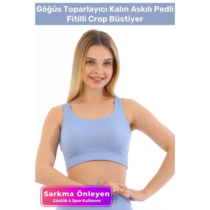 Premium Göğüs Toparlayıcı Sarkma Önleyen Spor Günlük Kalın Askılı Pedli Fitilli Crop Büstiyer
