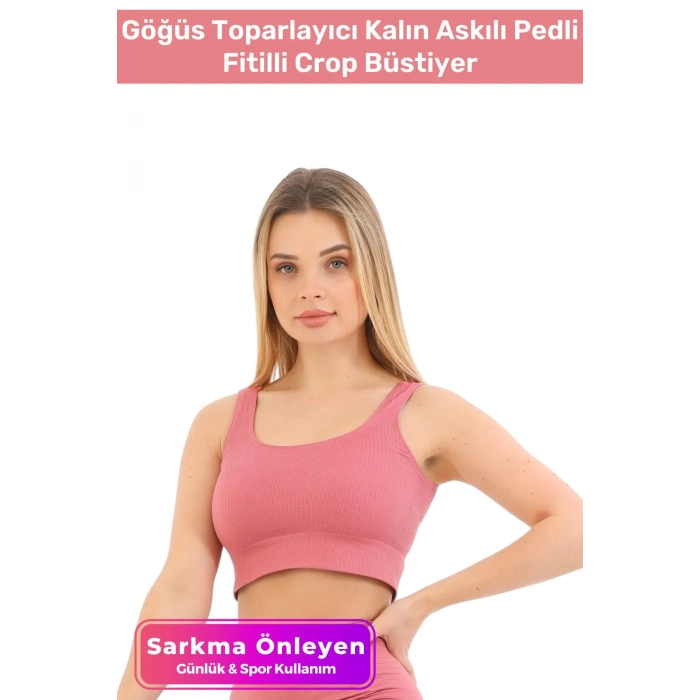 Premium Göğüs Toparlayıcı Sarkma Önleyen Spor Günlük Kalın Askılı Pedli Fitilli Crop Büstiyer