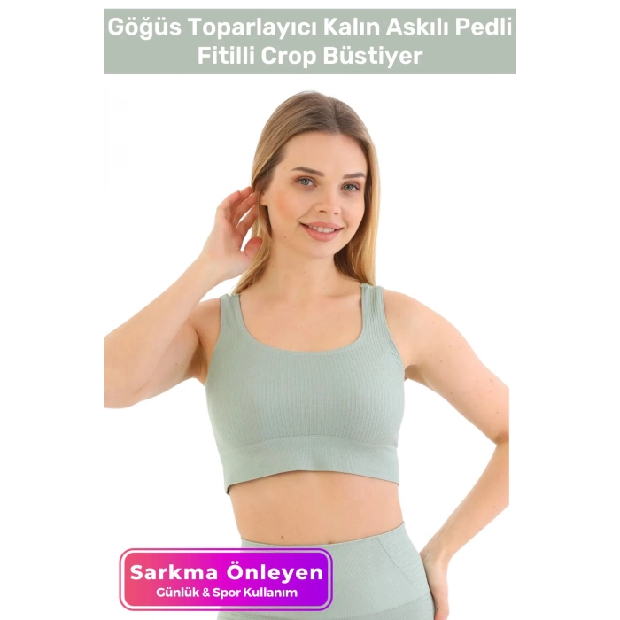 Premium Göğüs Toparlayıcı Sarkma Önleyen Spor Günlük Kalın Askılı Pedli Fitilli Crop Büstiyer