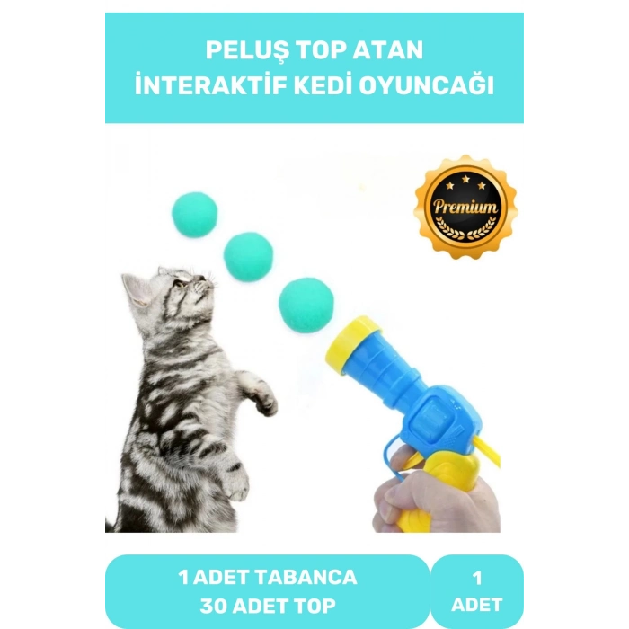 Premium İnteraktif Kedi Oyuncağı Seti Evcil Hayvan Tabancalı Hareketli 30 Peluş Toplu Top Atan